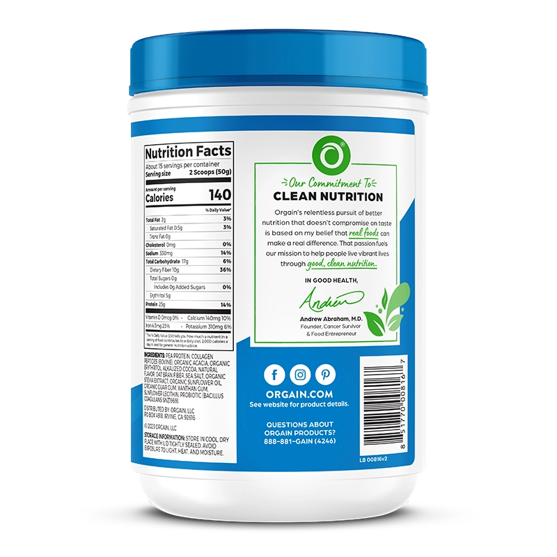 Right side of Plant Protein Plus Collagen Chocolate Flavor in the 25.6 oz Size
