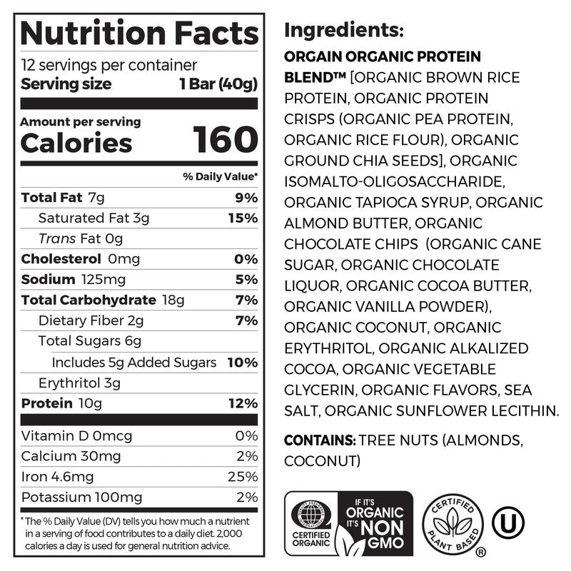Nutrition fact panel and list of ingredients of Organic Protein Bar - Chocolate Coconut  Flavor in the 12 Bars Size