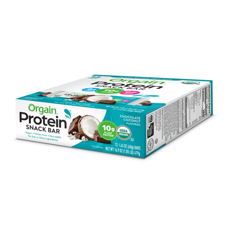Angled top side of Organic Protein Bar - Chocolate Coconut  Flavor in the 12 Bars Size