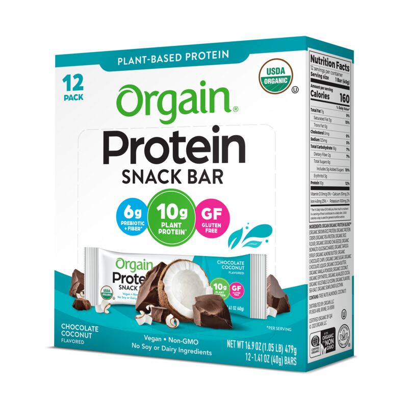 Angled Right side of Organic Protein Bar - Chocolate Coconut  Flavor in the 12 Bars Size