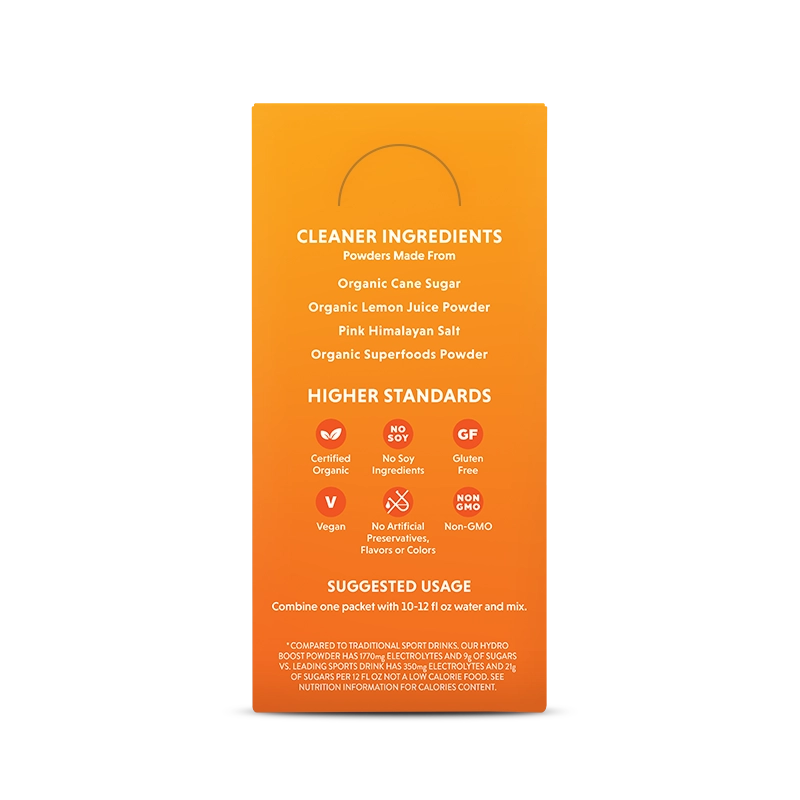 Back of Hydro Boost - Rapid Hydration Drink Mix - Orange Tangerine  Flavor in the 16 Stick Packs Size