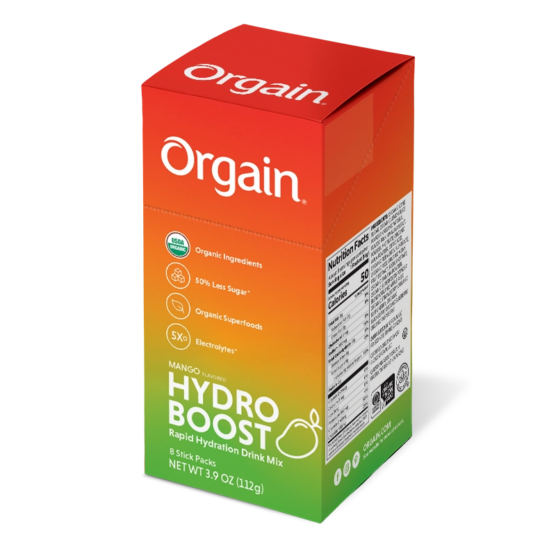 Angled Left side of Hydro Boost - Rapid Hydration Drink Mix - Mango  Flavor in the 16 Stick Packs Size