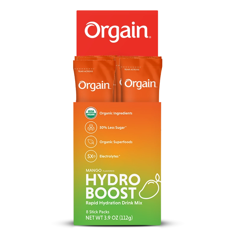 Open caddie of Hydro Boost - Rapid Hydration Drink Mix - Mango  Flavor in the 8 Stick Packs Size