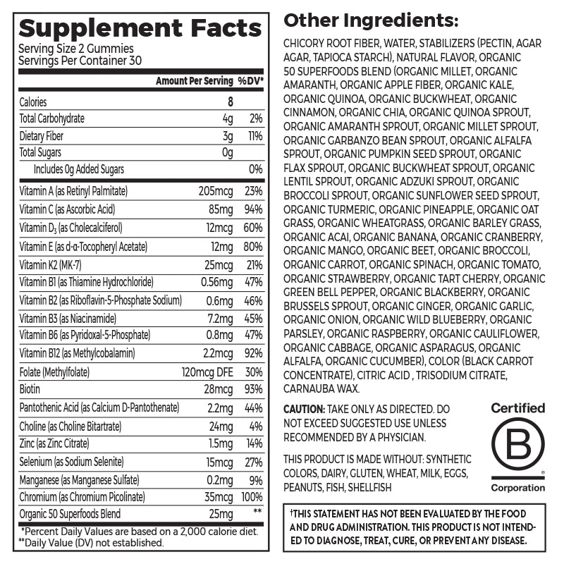 Nutrition fact panel and list of ingredients of Kids Super Vitamin Gummy Mixed Berry Flavor in the 60ct Size
