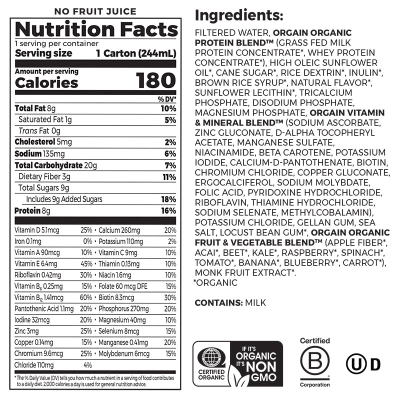 Nutrition fact panel and list of ingredients of Kids Protein Organic Nutrition Shake - Fruity Cereal  Flavor in the 12 Shakes Size