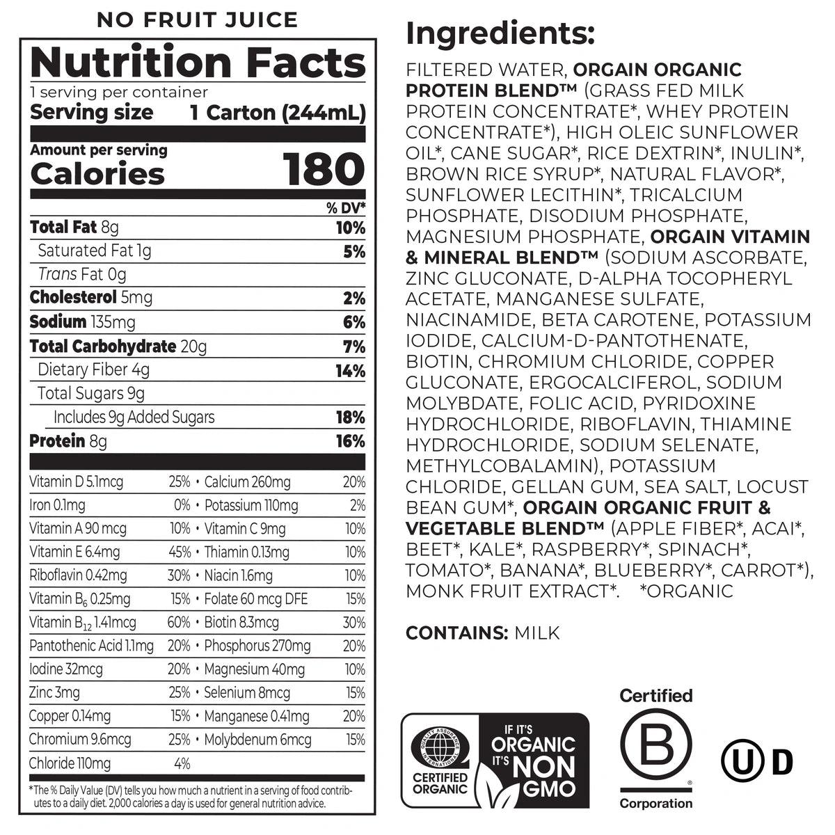 Nutrition fact panel and list of ingredients of Kids Protein Organic Nutrition Shake - Fruity Cereal Flavor