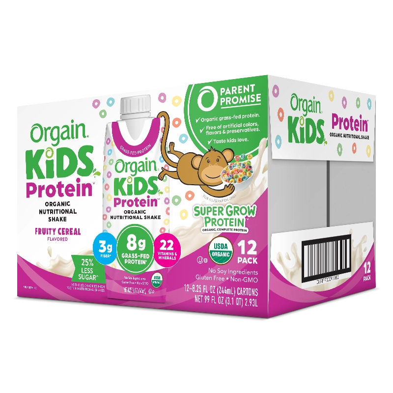 Angled Right side of Kids Protein Organic Nutrition Shake - Fruity Cereal  Flavor in the 12 Shakes Size