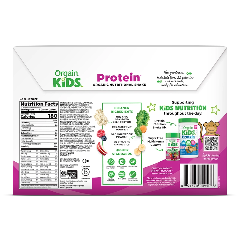 Back of Kids Protein Organic Nutrition Shake - Fruity Cereal  Flavor in the 12 Shakes Size