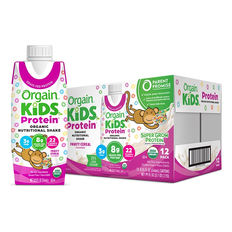 Single and case of Kids Protein Organic Nutrition Shake - Fruity Cereal  Flavor in the 12 Shakes Size