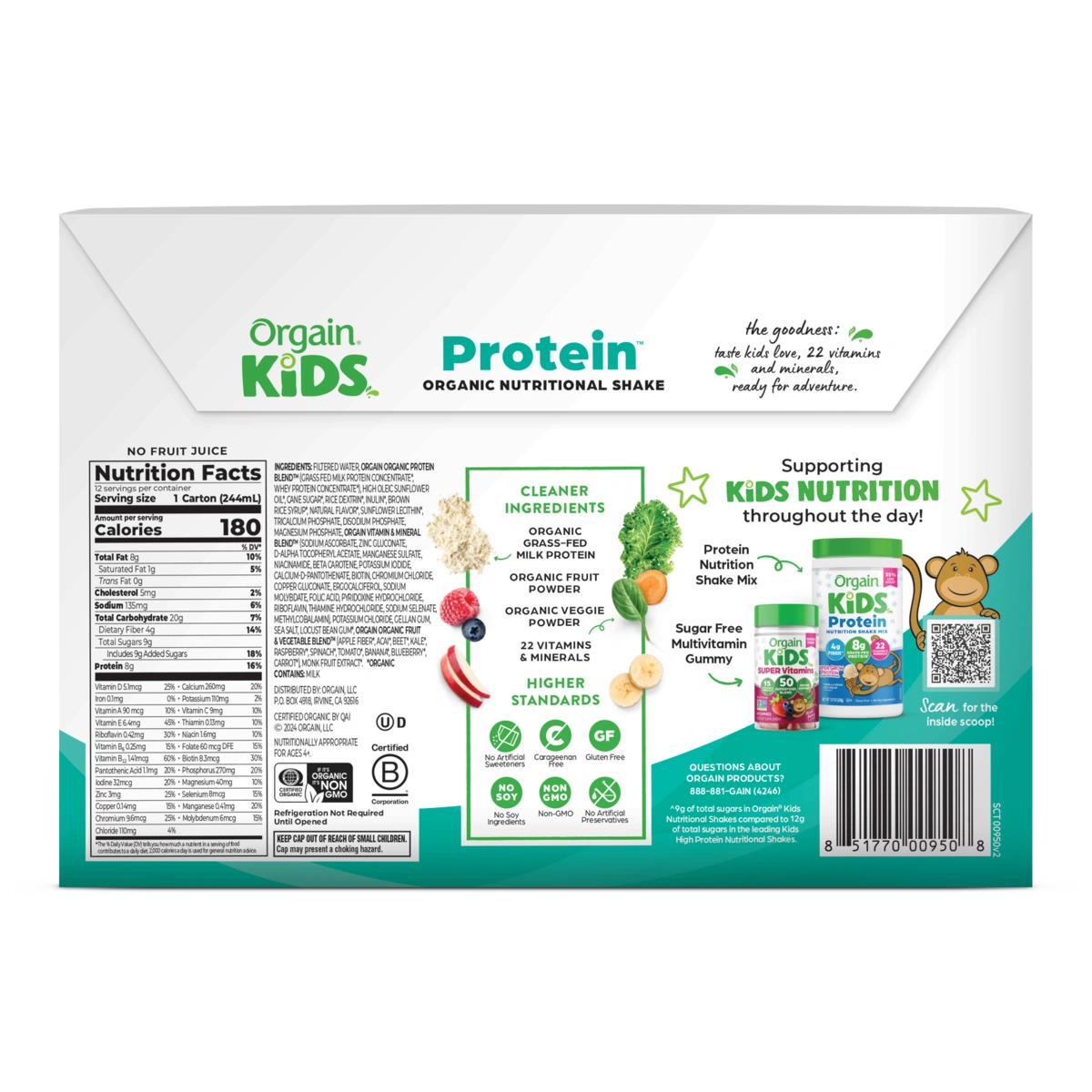 Back of Kids Protein Organic Nutrition Shake - Fruity Cereal  Flavor in the 12 Shakes Size