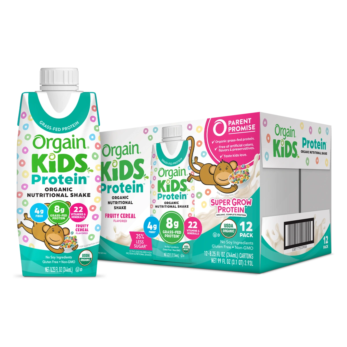 Single and case of Kids Protein Organic Nutrition Shake - Fruity Cereal  Flavor in the 12 Shakes Size