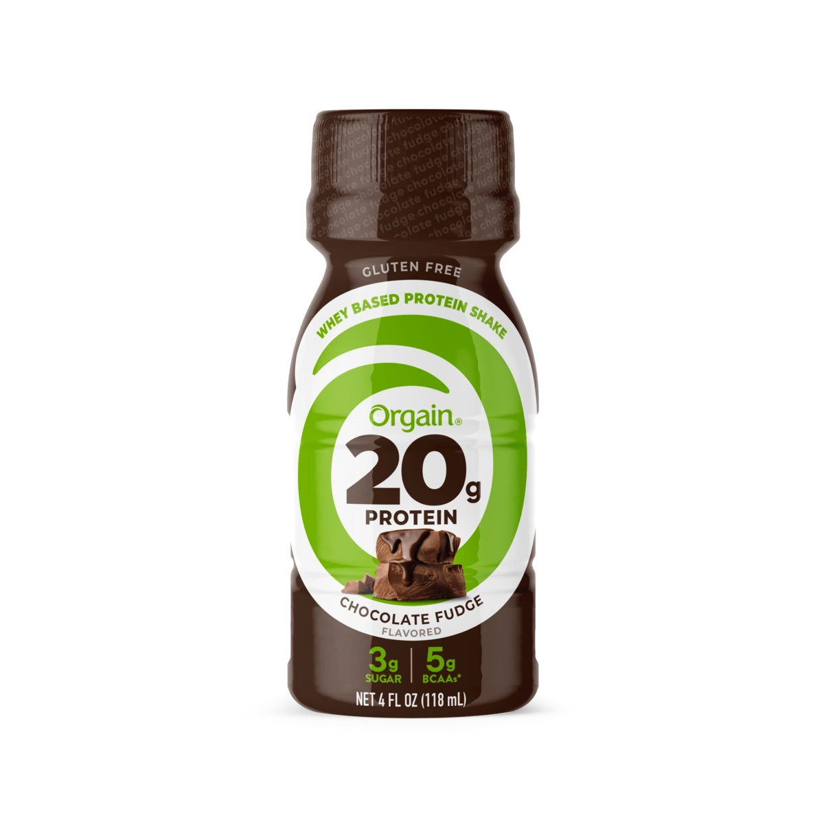 Front of a single 20g 4oz whey based protein shake in chocolate fudge flavor