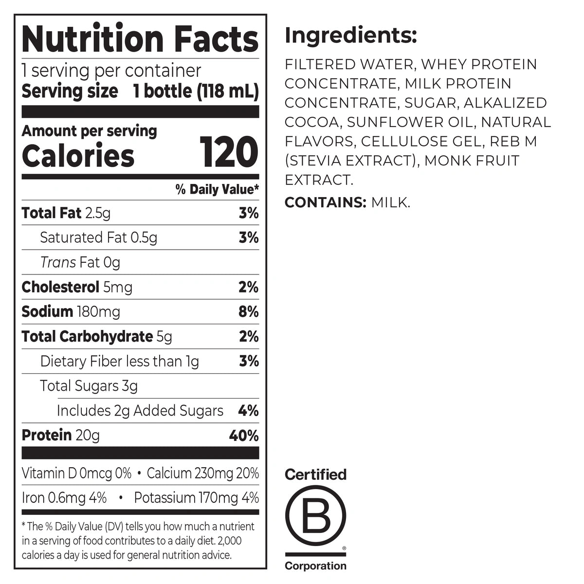 Nutrition Fact Panel and list of ingredients for single 20g 4oz whey based protein shake in chocolate fudge flavor