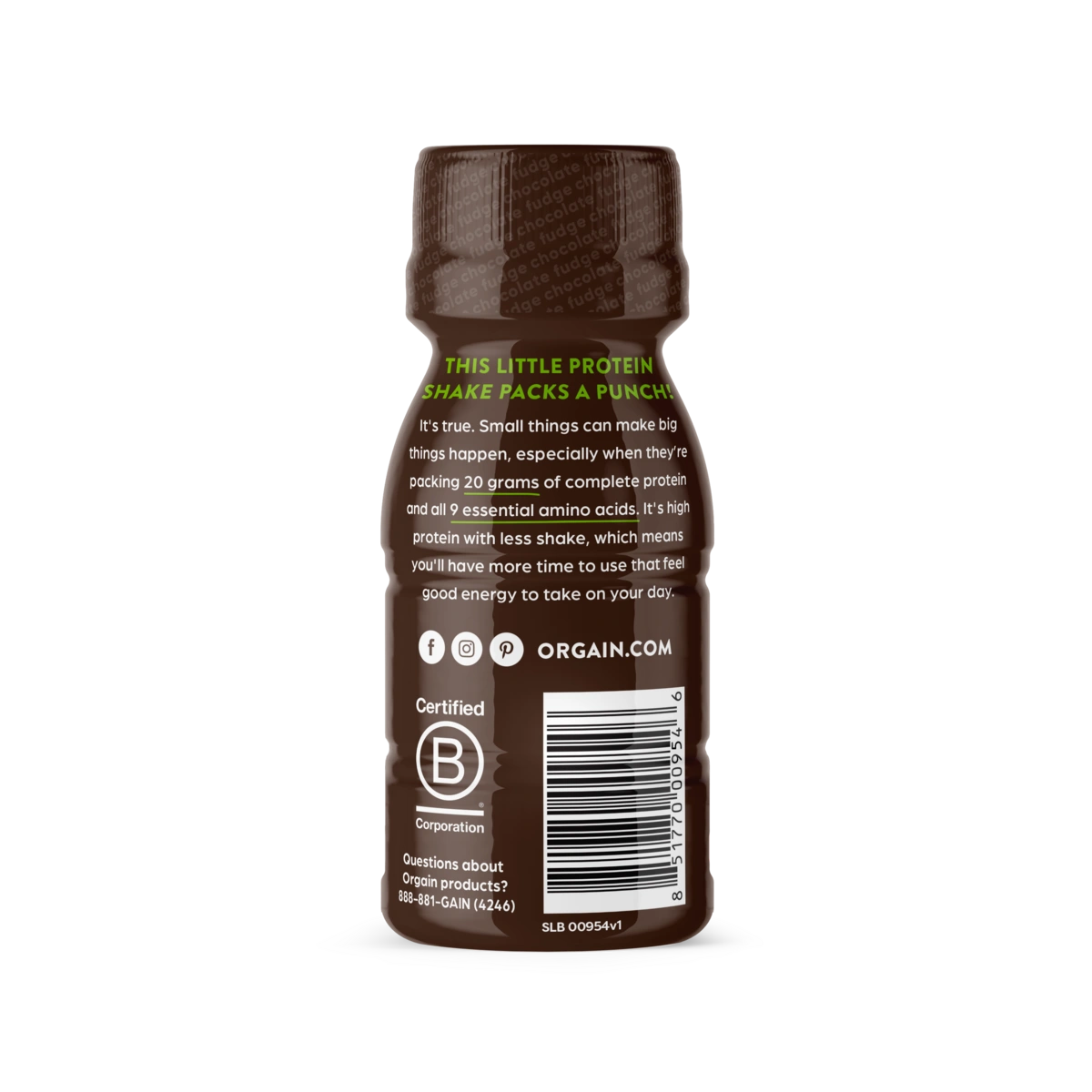 Back of a single 20g 4oz whey based protein shake in chocolate fudge flavor