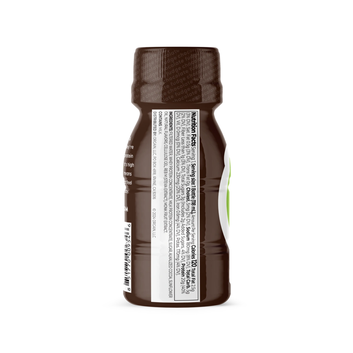 Left side of a single 20g 4oz whey based protein shake in chocolate fudge flavor