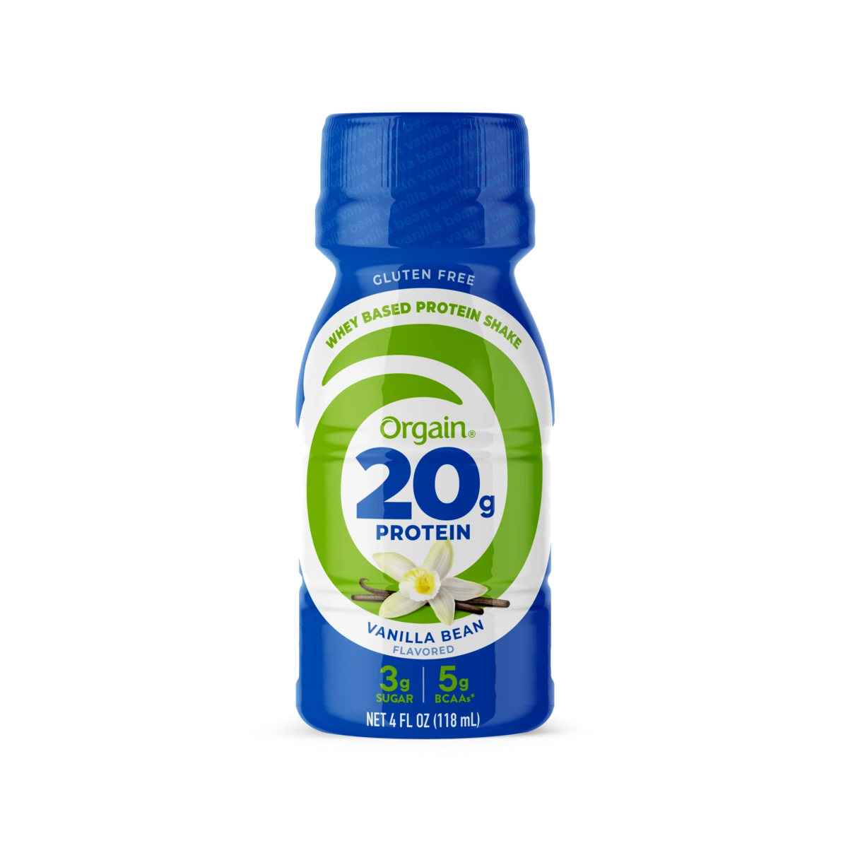 Front of a single 20g 4oz whey based protein shake in vanilla bean flavor