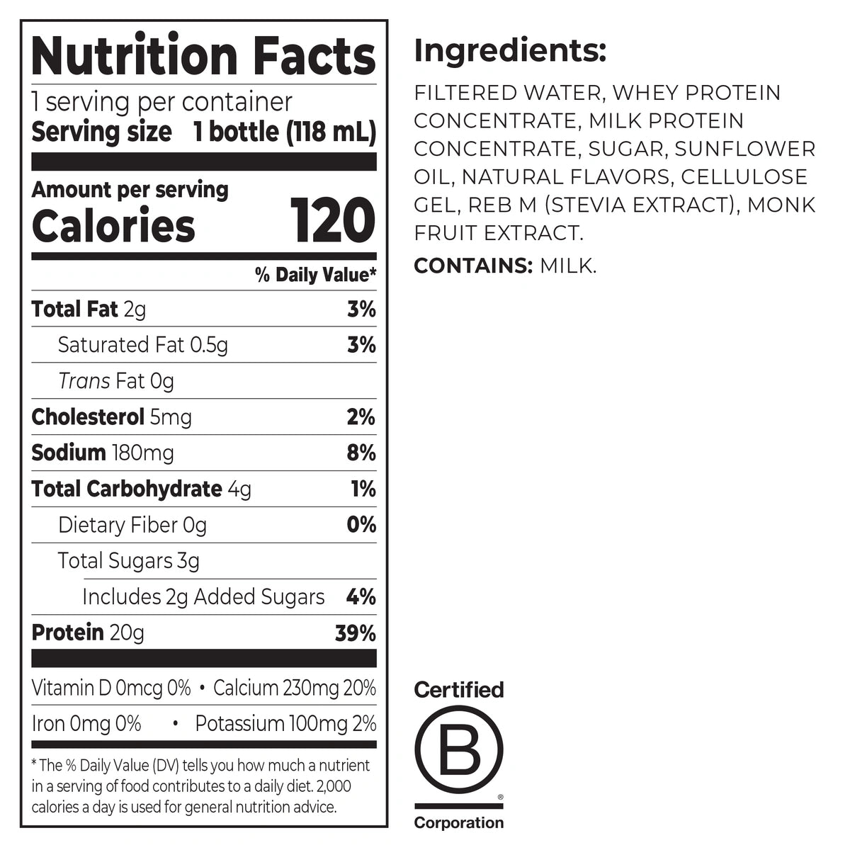Nutrition Fact Panel and list of ingredients for a single 20g 4oz whey based protein shake in vanilla bean flavor