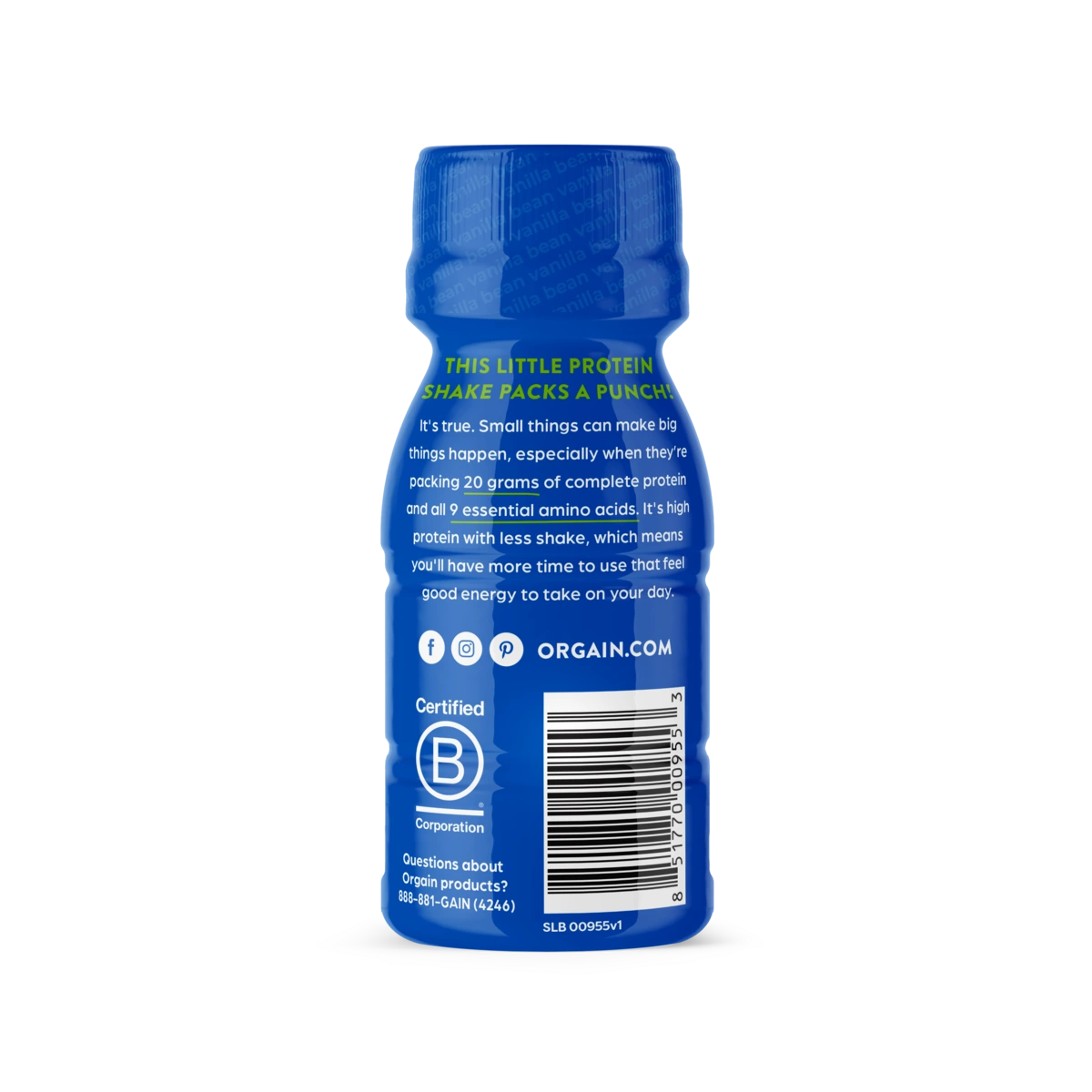 Back of a single 20g 4oz whey based protein shake in vanilla bean flavor