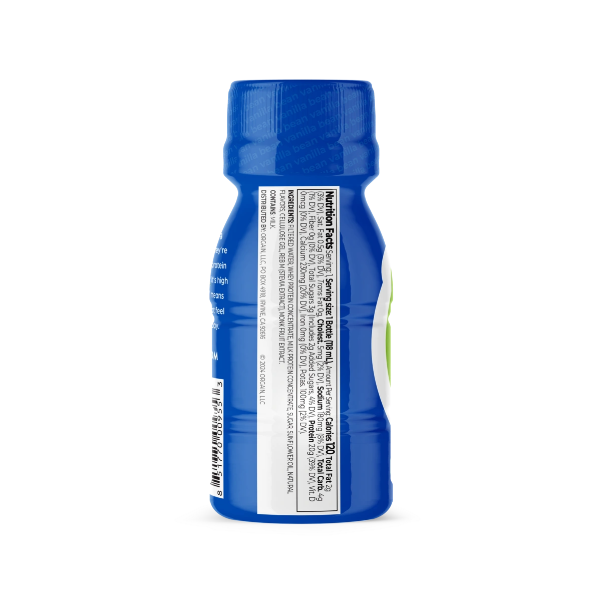 Left side of a single 20g 4oz whey based protein shake in vanilla bean flavor