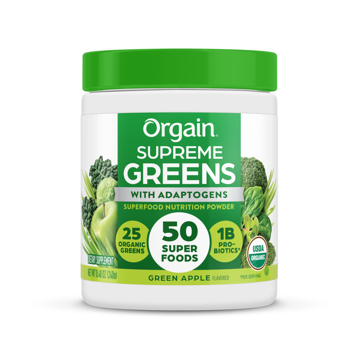 Front of Supreme Greens - Green Apple  Flavor in the 0.53lb Canister Size