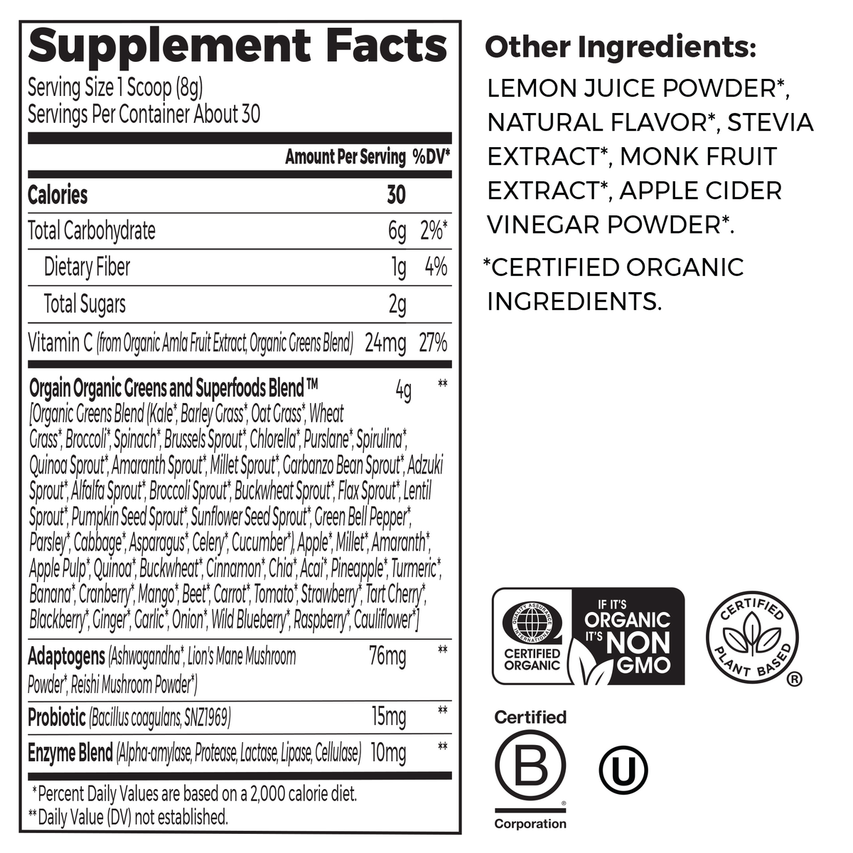 Nutrition fact panel and list of ingredients of Supreme Greens - Lemon Twist  Flavor in the 0.53lb Canister Size