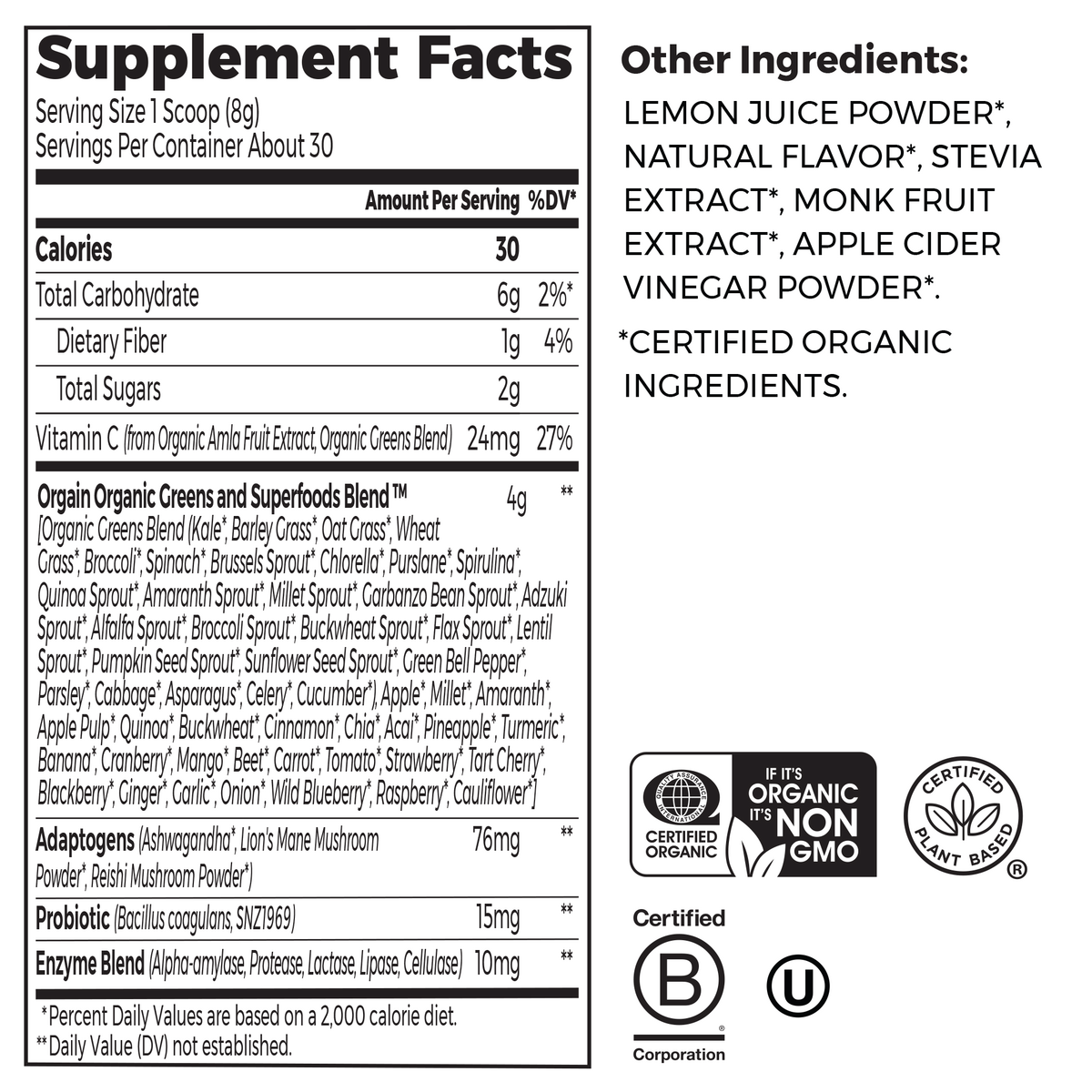 Nutrition fact panel and list of ingredients of Supreme Greens - Lemon Twist Flavor in the 0.53lb Canister Size