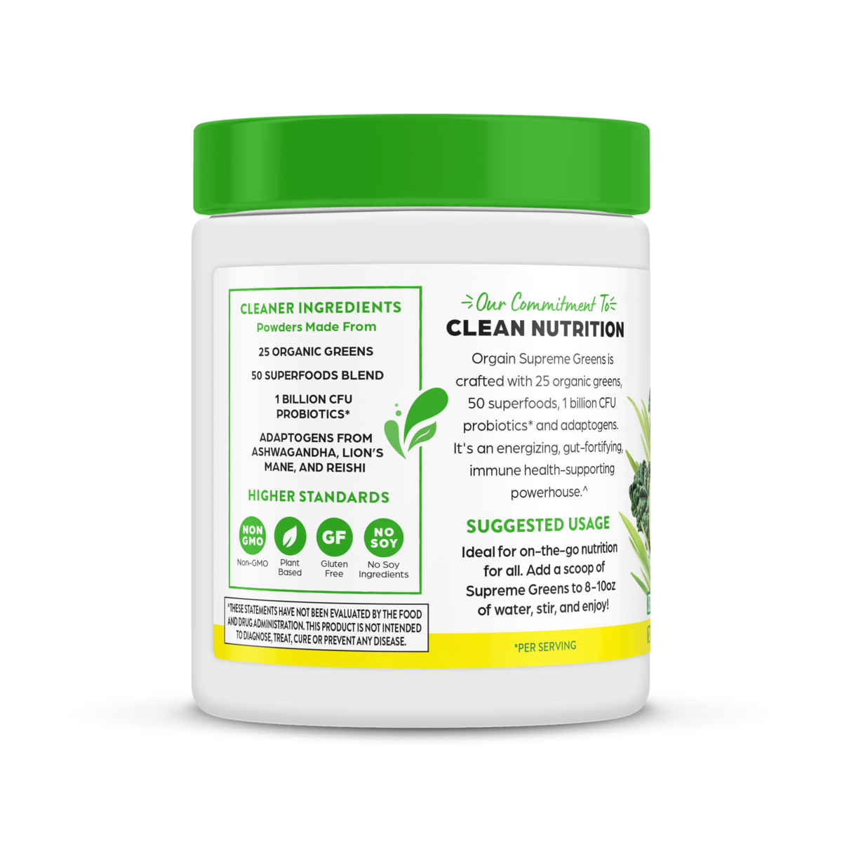 Left side of Supreme Greens - Lemon Twist Flavor in the 0.53lb Canister Size