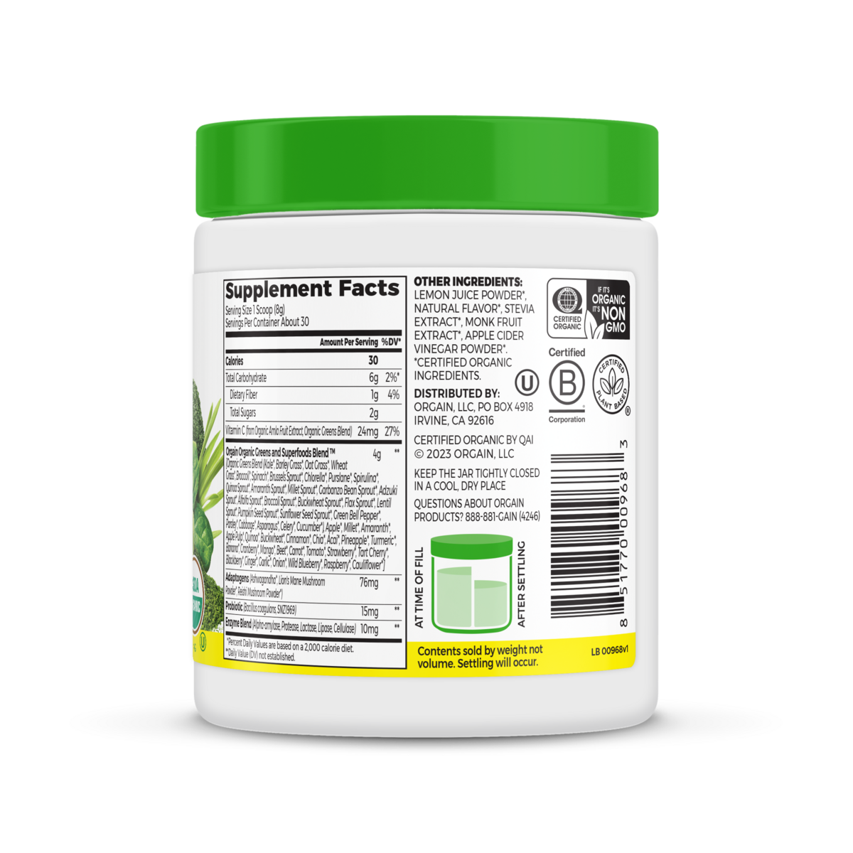 Right side of Supreme Greens - Lemon Twist Flavor in the 0.53lb Canister Size