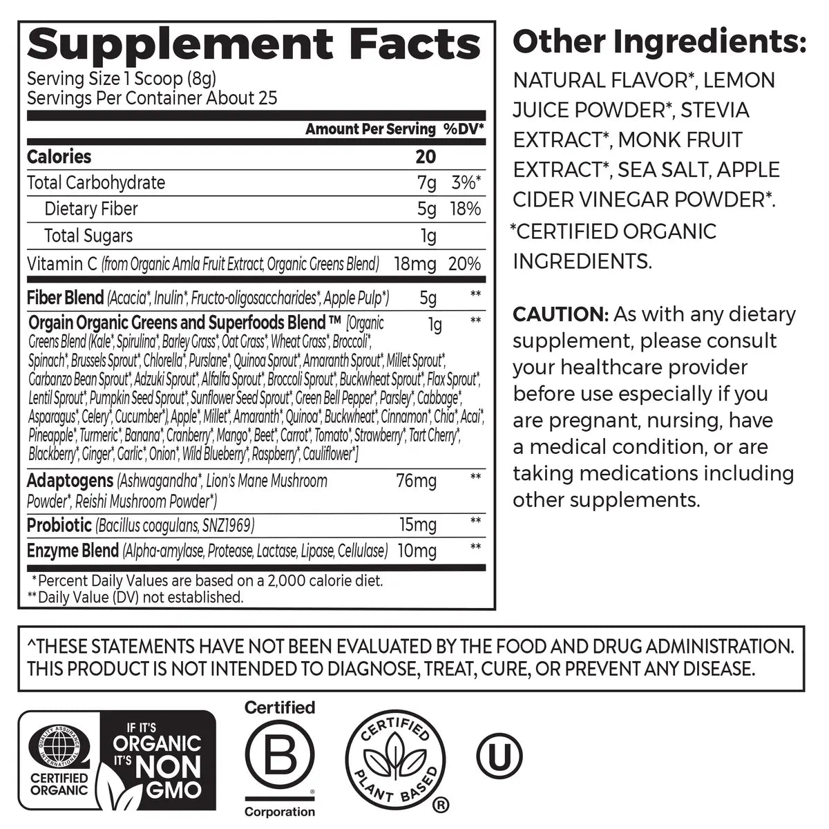 Nutrition Fact Panel and List of Ingredients for Wonder Gut Orange Mango flavor in a 7.05 oz container