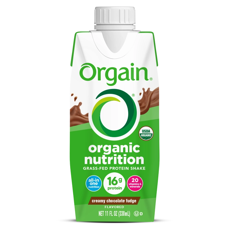 Front of Organic Nutrition Shake Creamy Chocolate Fudge Flavor in the 12 Shakes Size