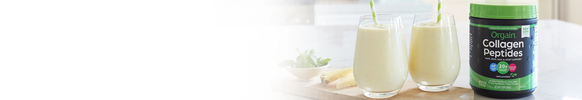 collagen peptides on a table next to two smoothies