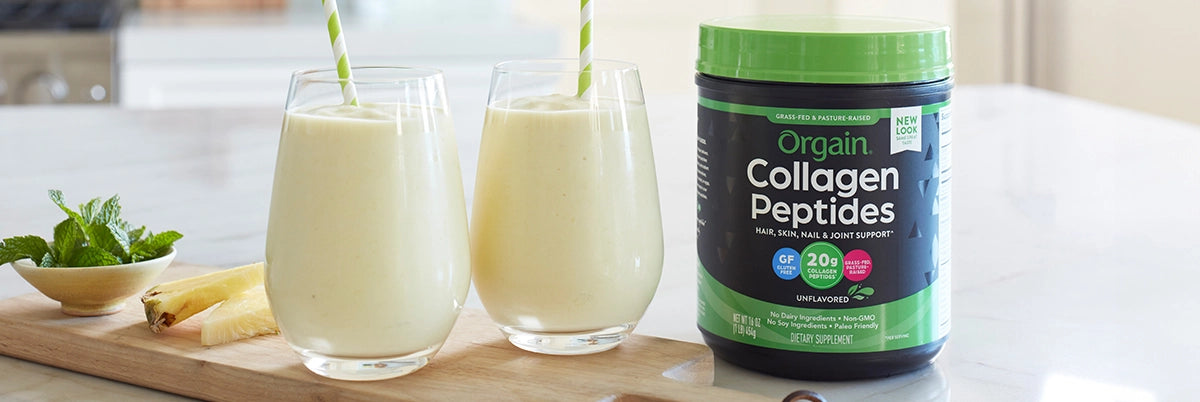 orgain collagen peptides on a table next to two smoothies