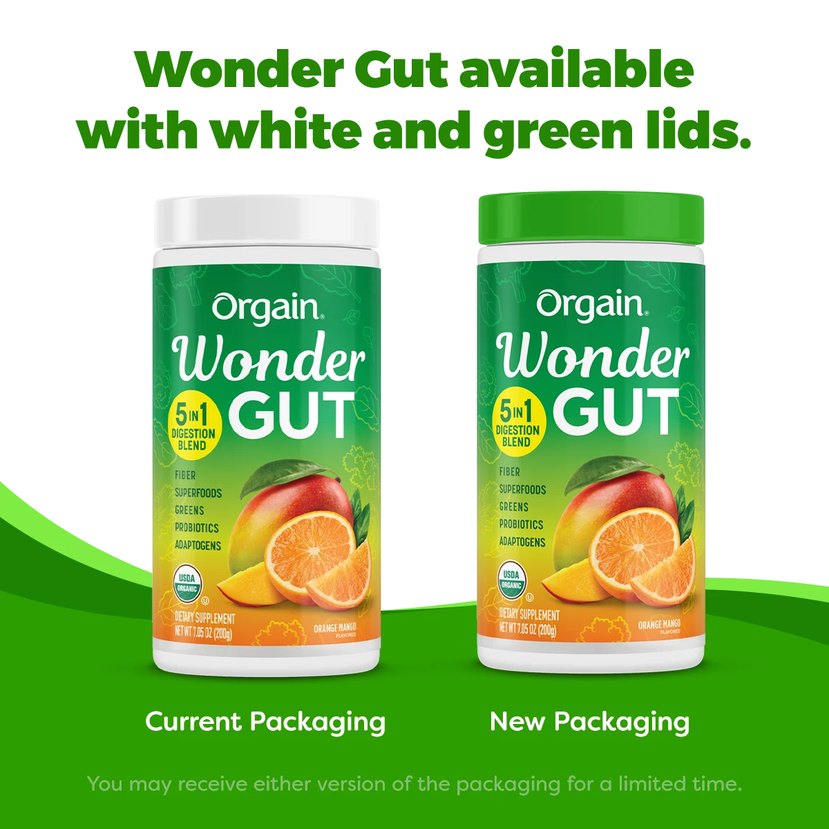 Wonder Gut will be available with both white and green libs. You may receive either version of the packaging for a limited time.