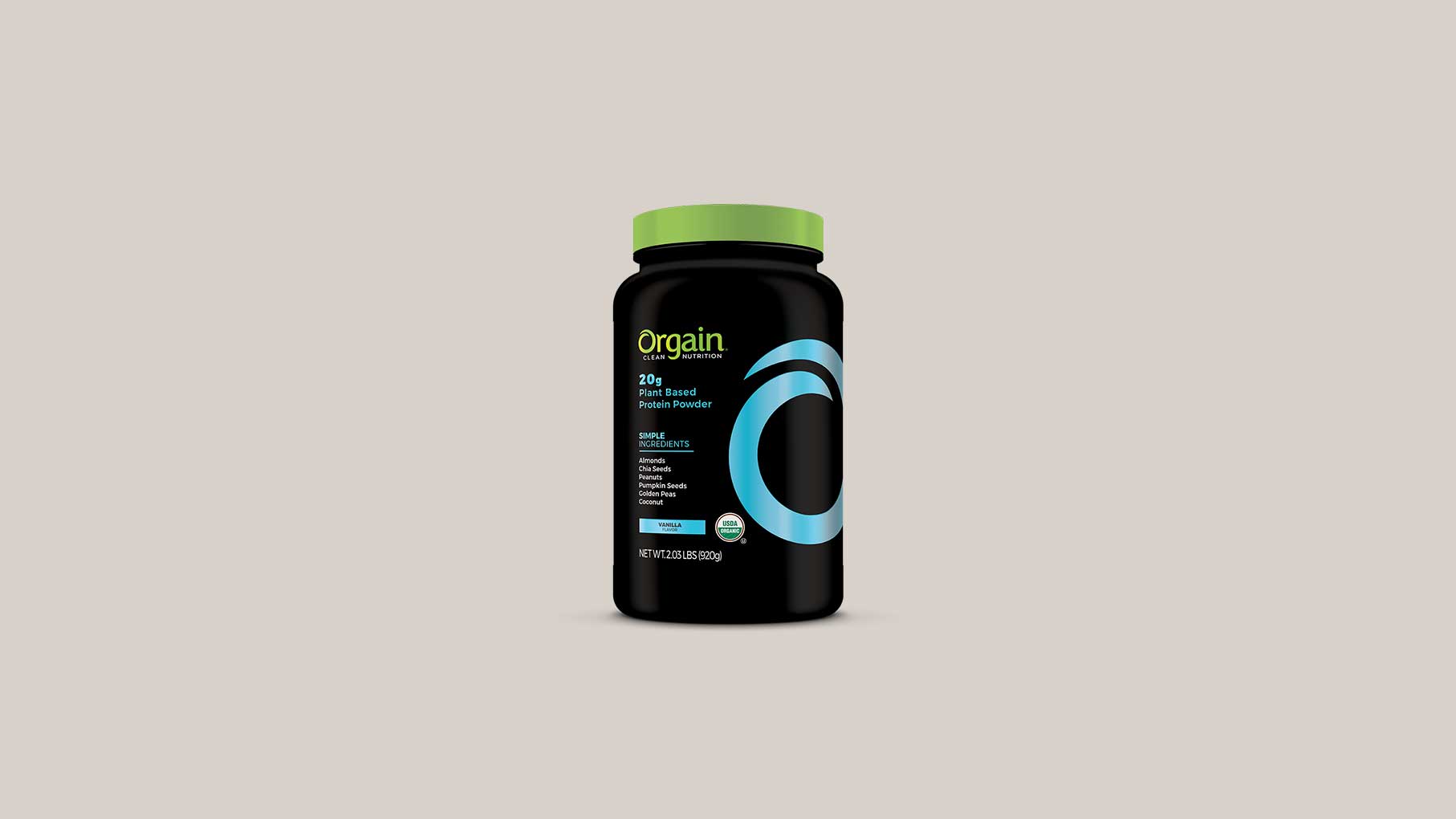 A black container of Orgain Organic Protein is displayed against a pale grey background. The container has a green lid and features blue design elements, with text indicating it is a 2 lb plant-based protein powder.
