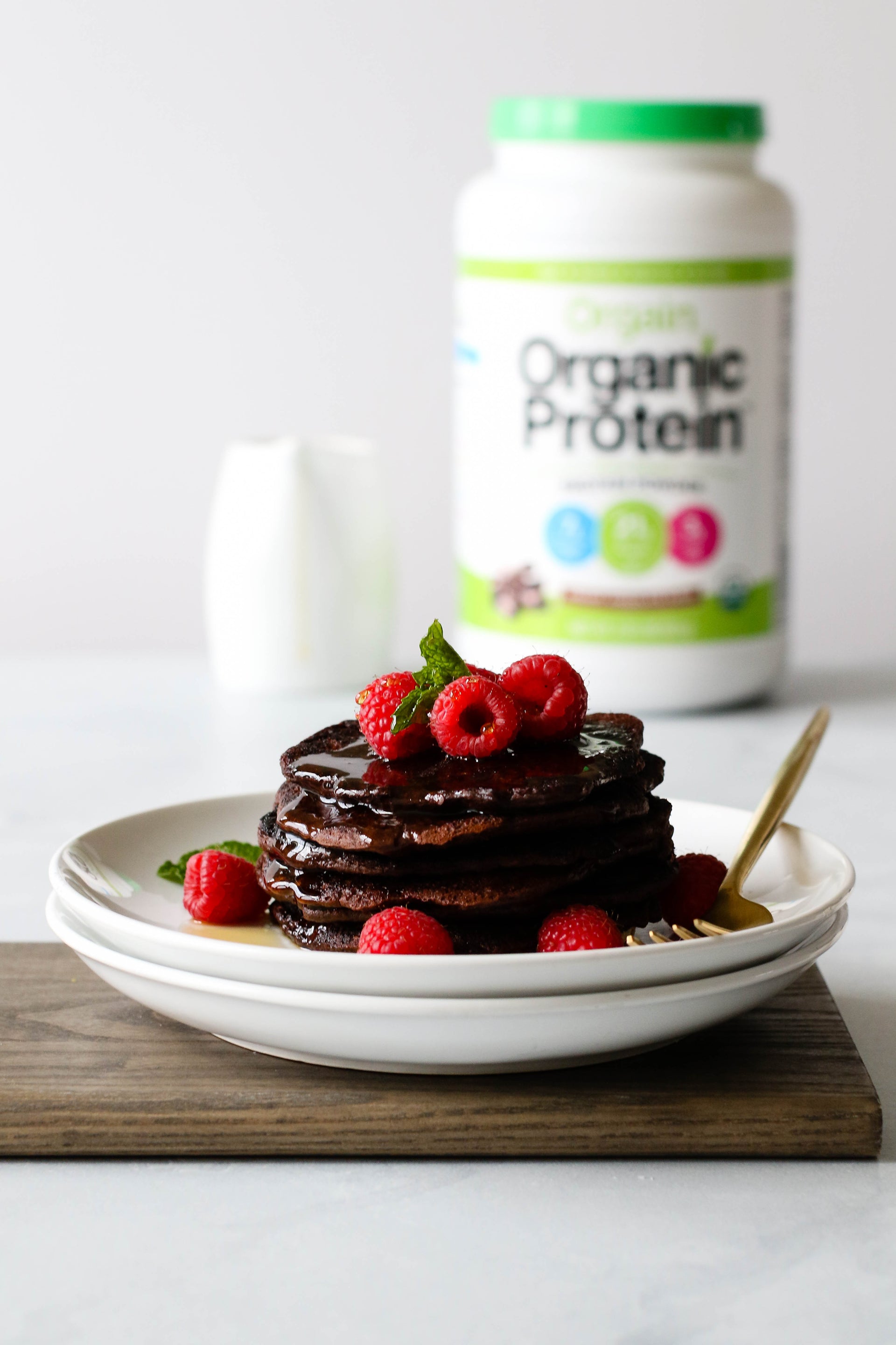 Easy Chocolate Raspberry Protein Pancakes