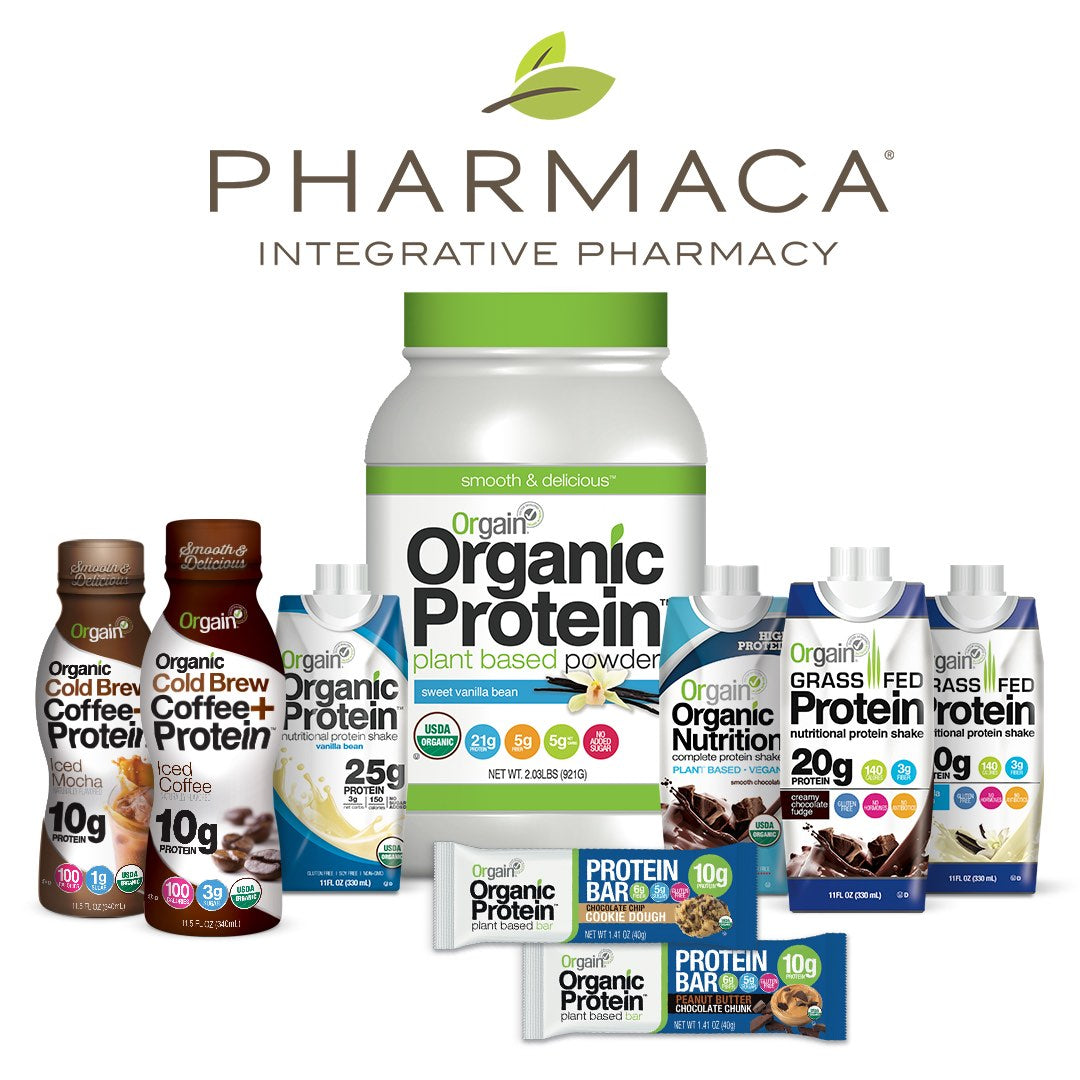 Image of various protein and nutrition products below the text "PHARMACA INTEGRATIVE PHARMACY." Products include Orgain Organic Protein powder, protein bars, grass-fed protein shakes, and bottled cold brew coffee with protein, all arranged in a group.