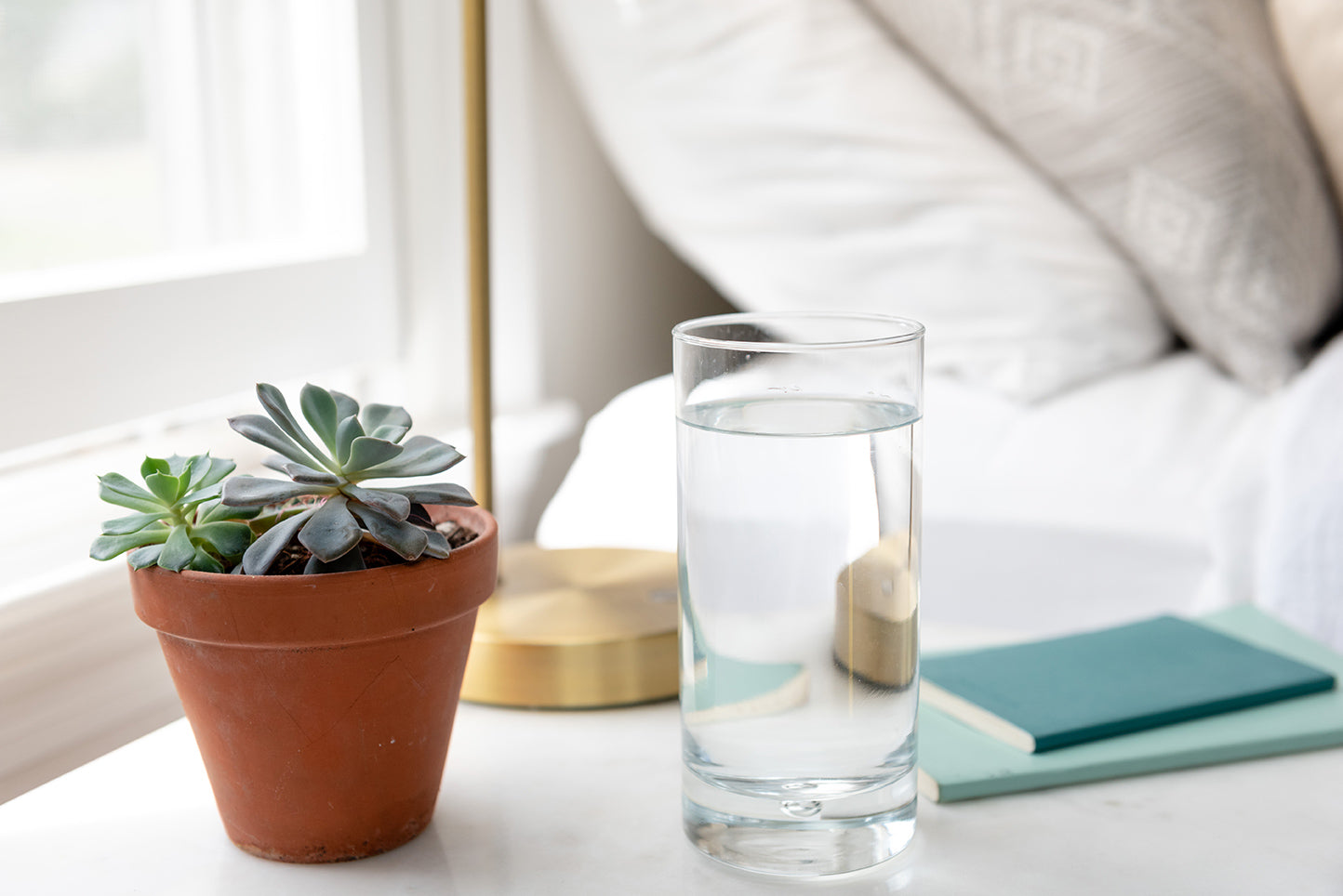 A simple and serene bedside scene featuring a glass of water, a stack of books, a small potted succulent, and a lamp. The setting is next to a bright window with pillows in the background, providing a cozy and peaceful atmosphere.