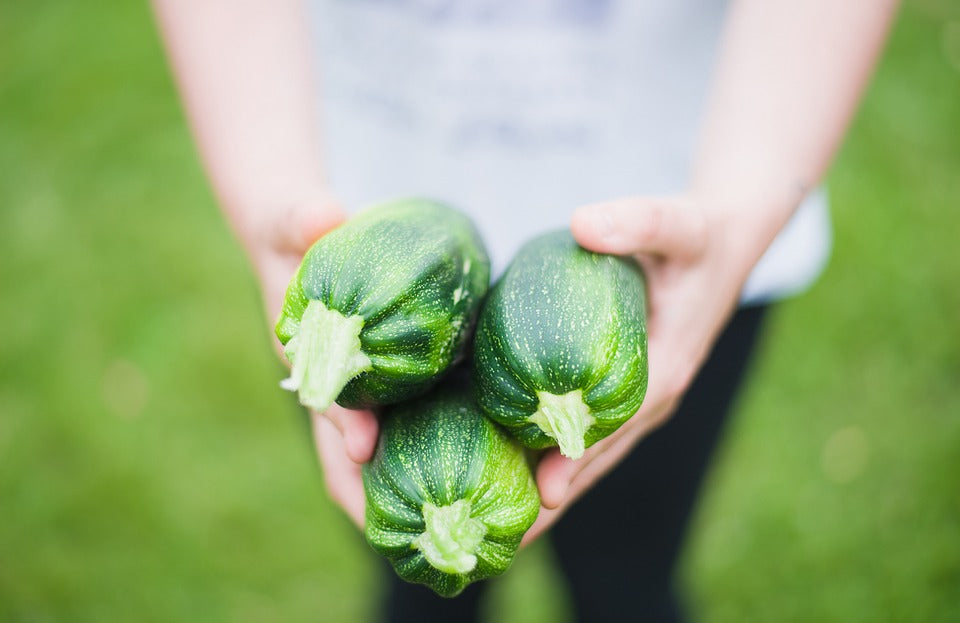 A woman holding out three zucchinis in her yard