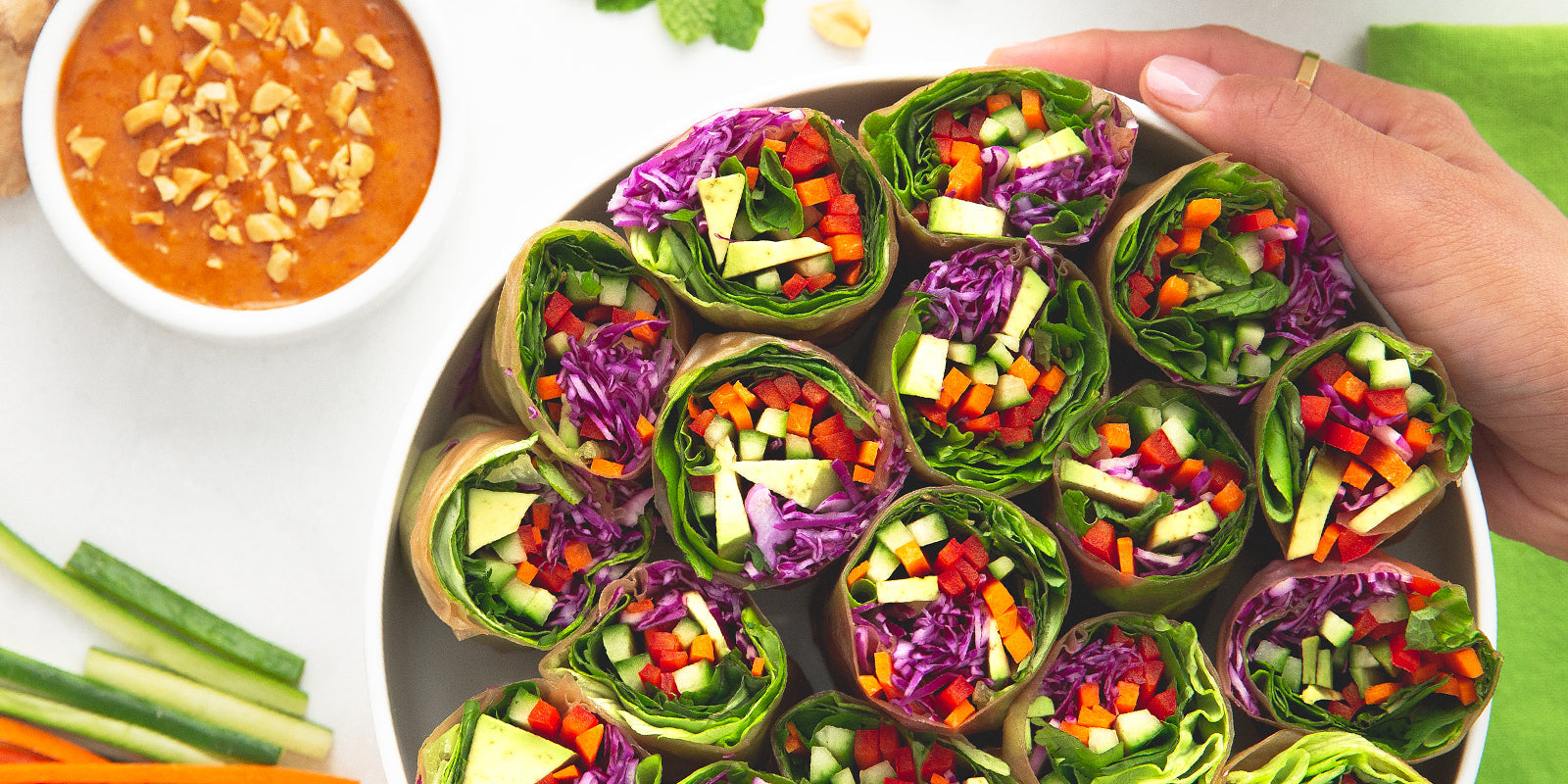 Veggie Spring Rolls with Protein Peanut Sauce