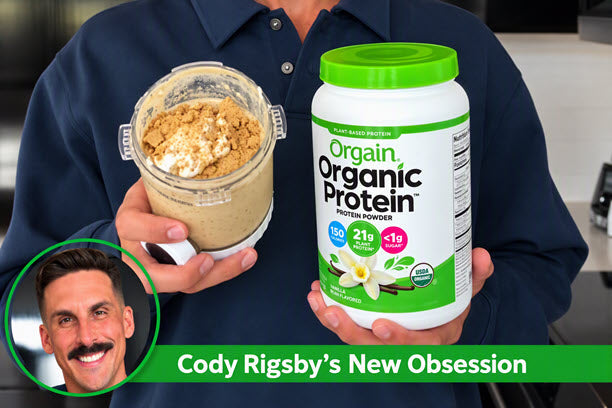Cody Rigsby's New Obsession with photo of his face and a photo in one hand of the Orgain Organic Plant Protein Vanilla and the other is his finished protein ice cream. 