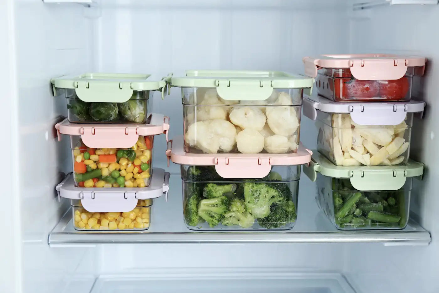fridge filled with containers of fresh vegetables