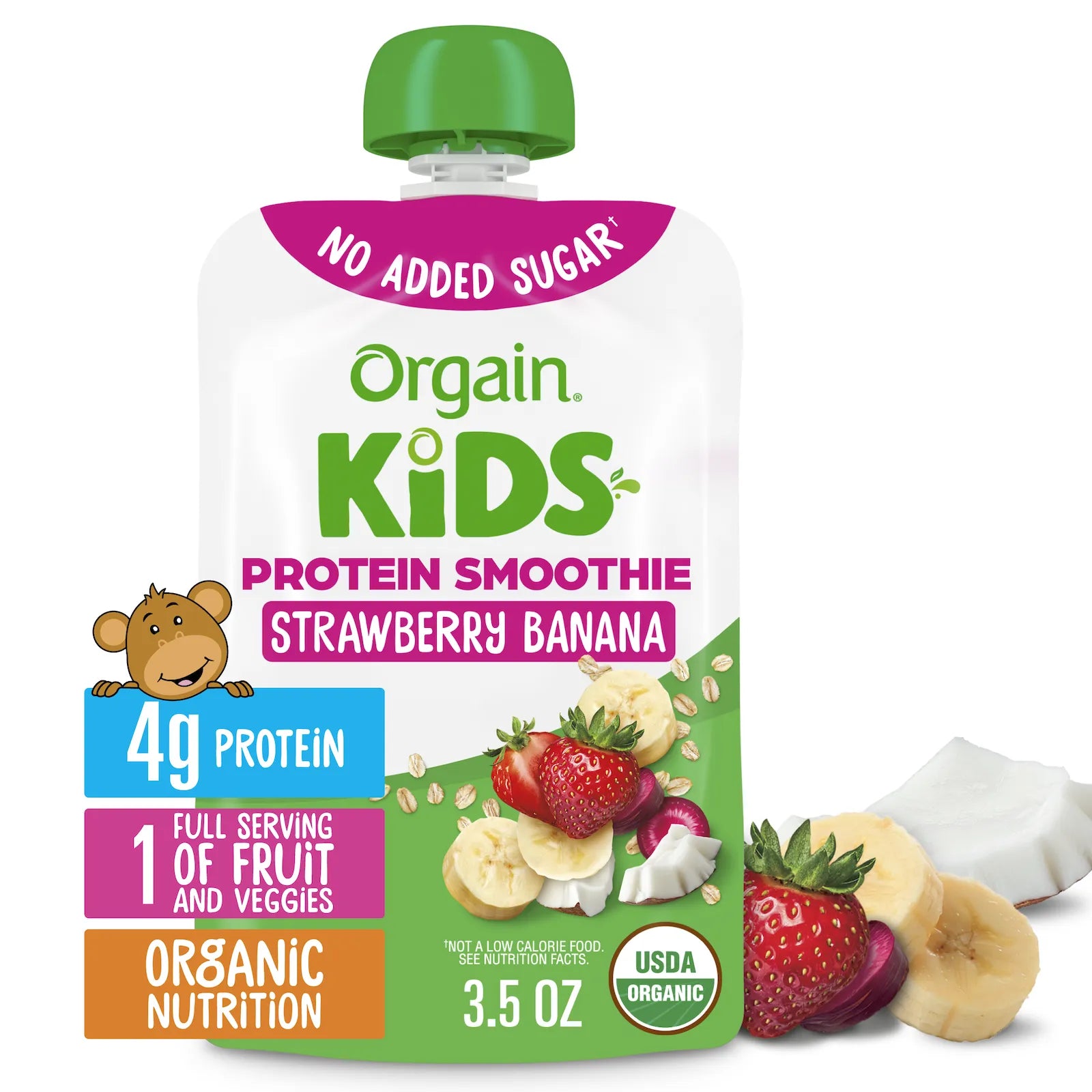 Orgain Kids Protein Smoothie Strawberry Banana baby food pouch shown on a white background with strawberries, banana slices, and a scoop of powder as props.