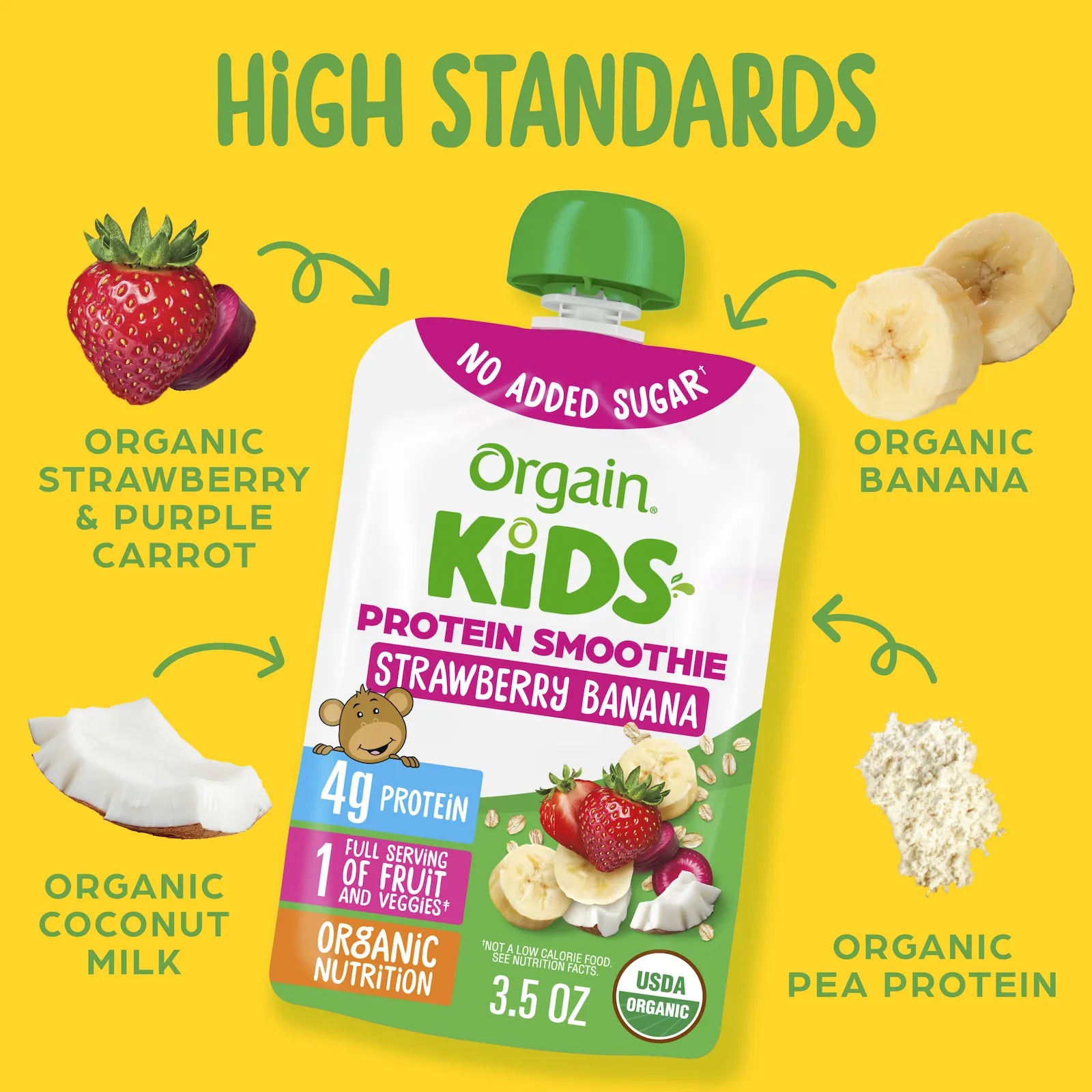 Orgain Kids Protein Smoothie Strawberry Banana baby food pouch on a bright yellow background, surrounded by ingredient callouts including a strawberry, banana slices, coconut milk, and pea protein, with the headline 'HIGH STANDARDS' at the top.