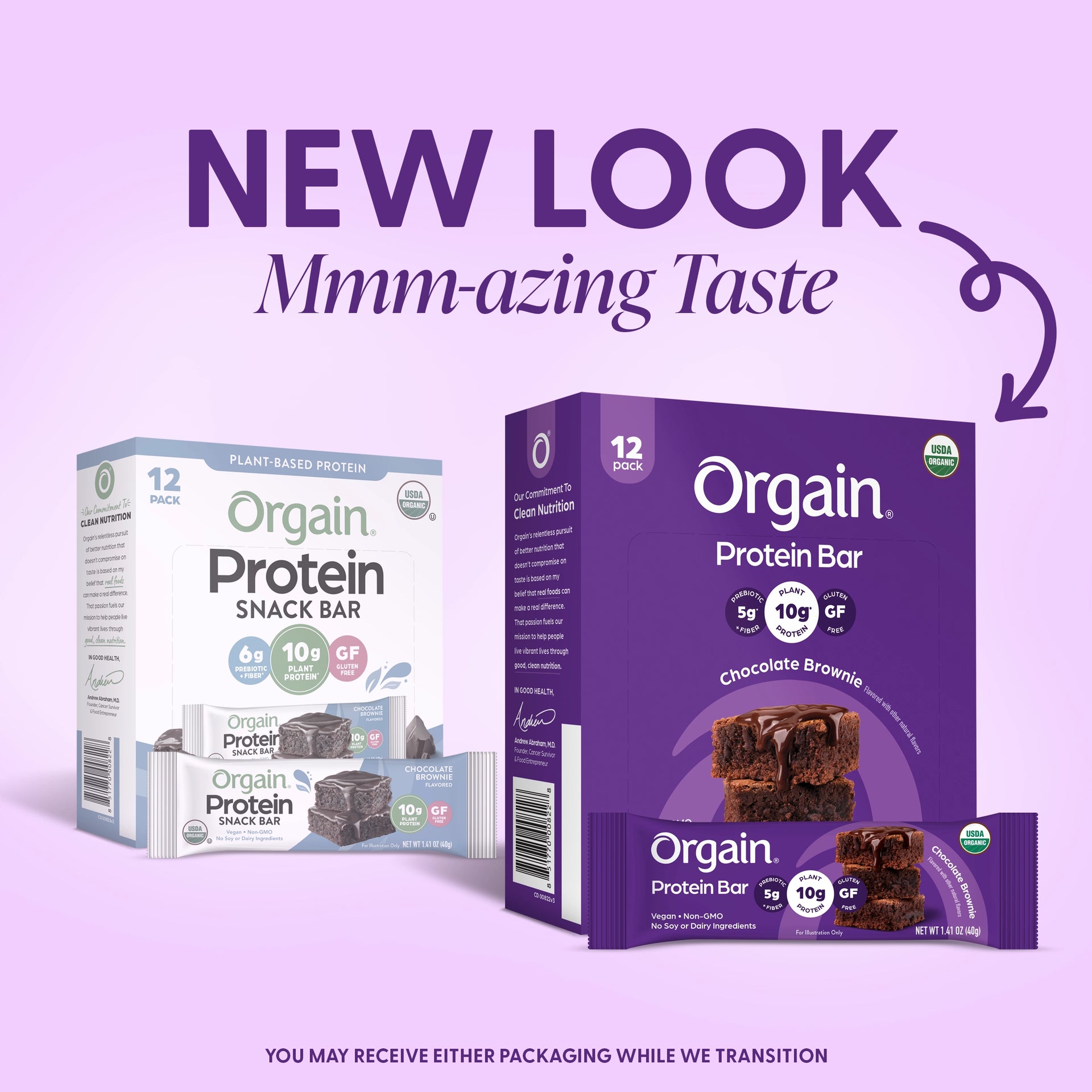 Orgain Protein Bar packaging transition showing previous packaging alongside updated packaging. Customers may receive either version during the transition. 