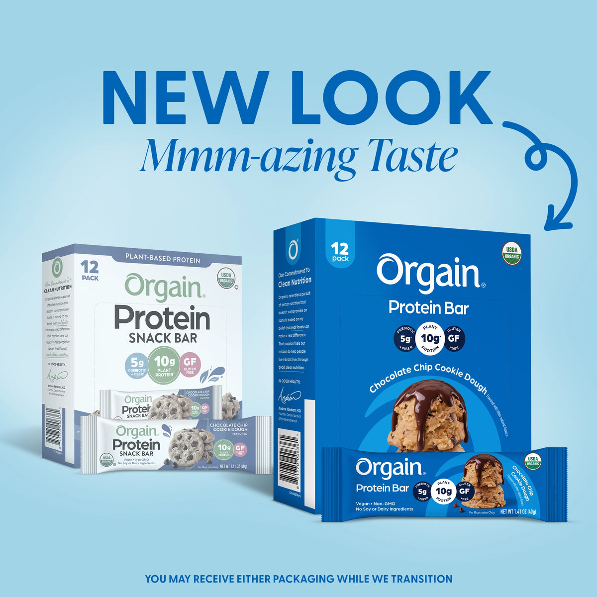 Orgain Protein Bar packaging transition showing previous packaging alongside updated packaging. Customers may receive either version during the transition. 