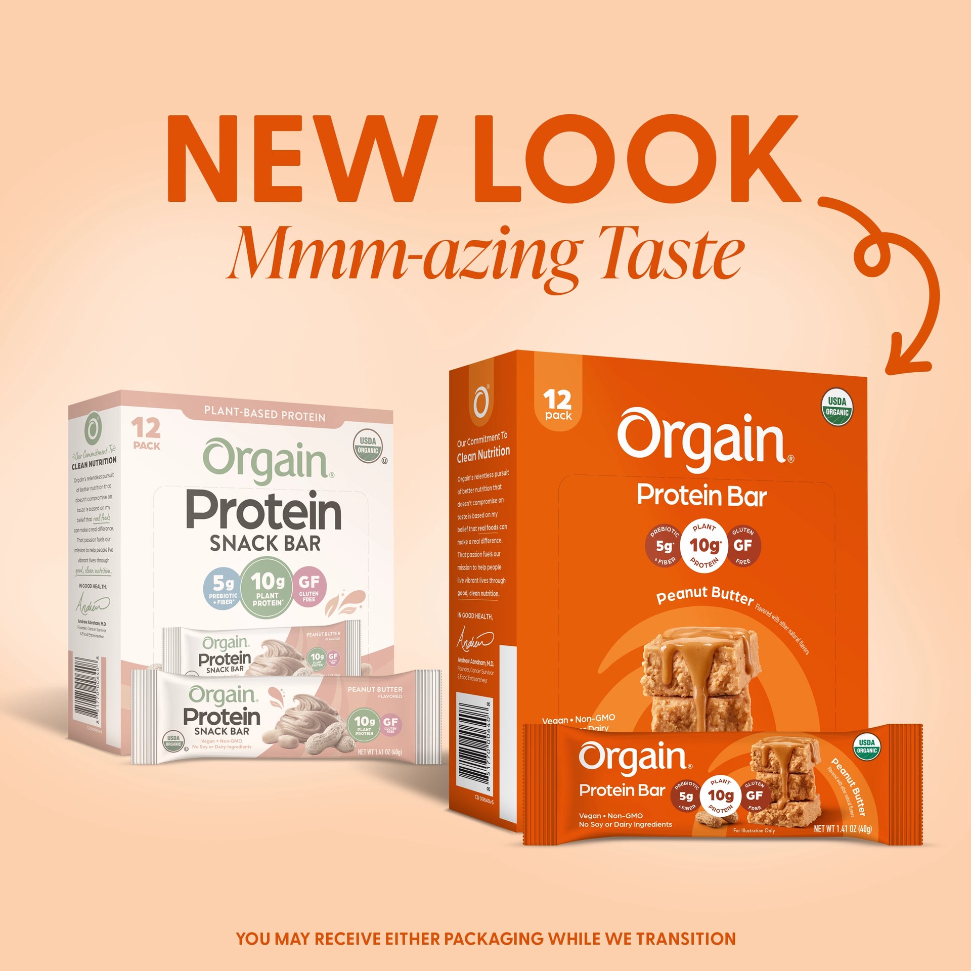 Orgain Protein Bar packaging transition showing previous packaging alongside updated packaging. Customers may receive either version during the transition.