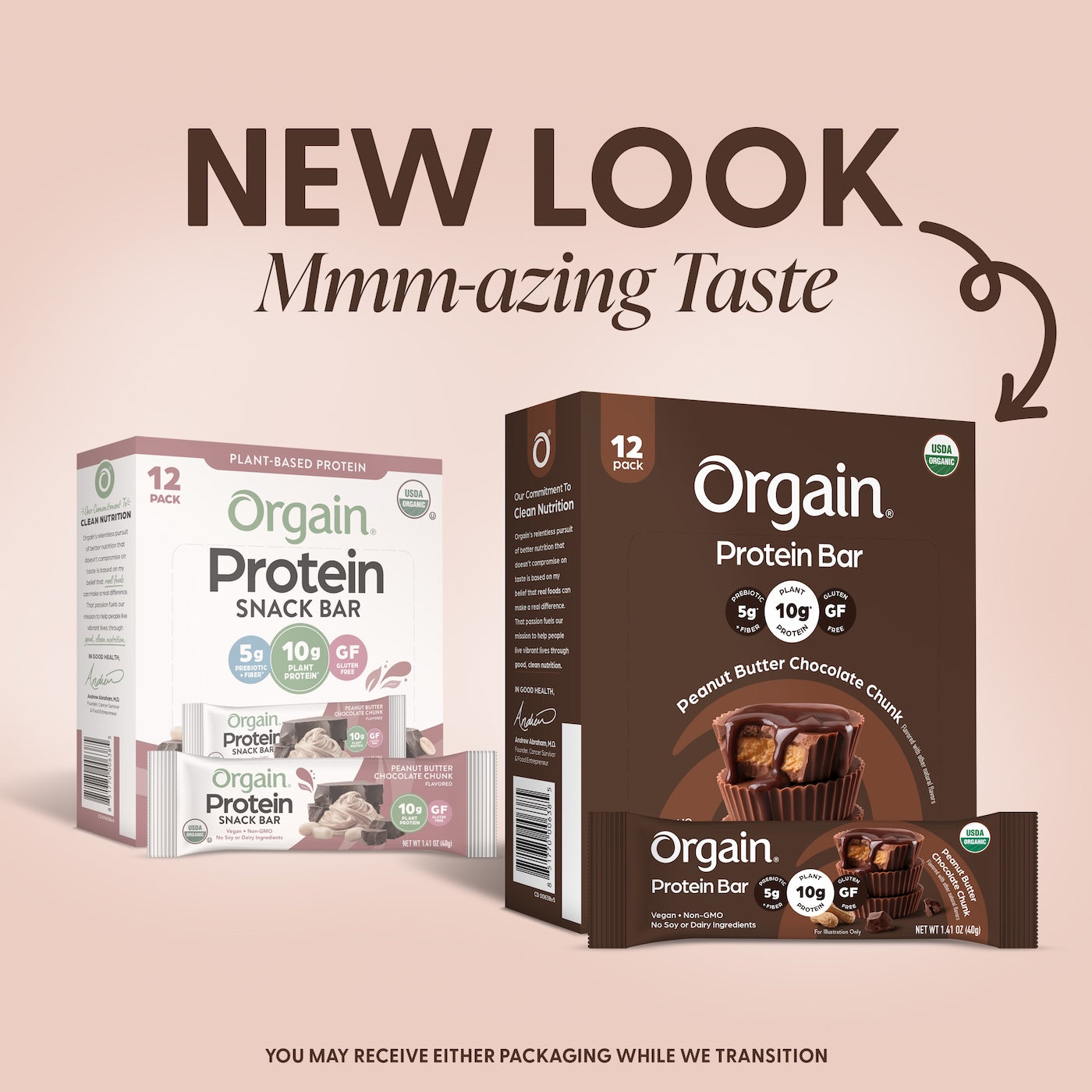 Orgain Protein Bar packaging transition showing previous packaging alongside updated packaging. Customers may receive either version during the transition.