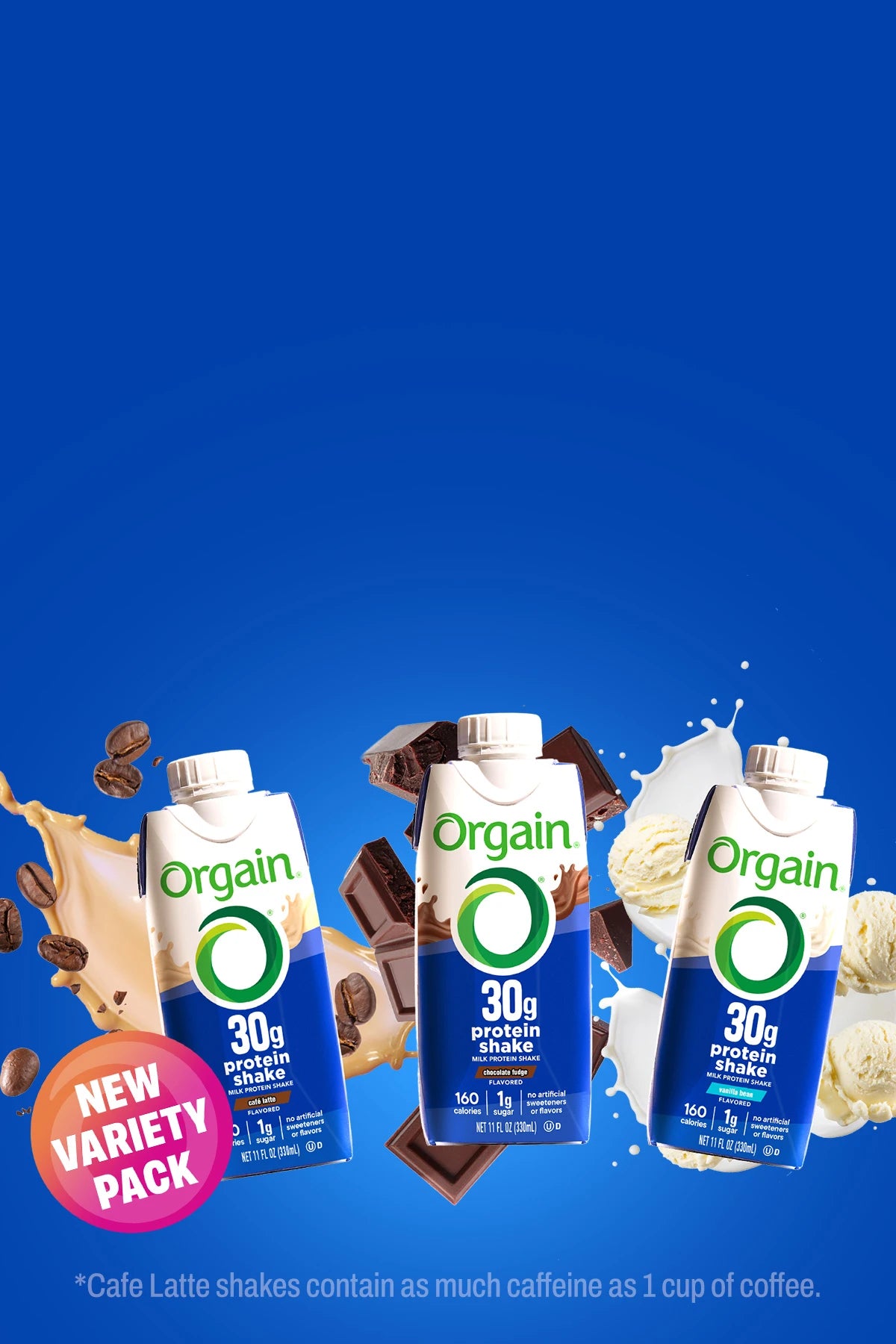 Orgain protein shake containers with different flavors on a blue background