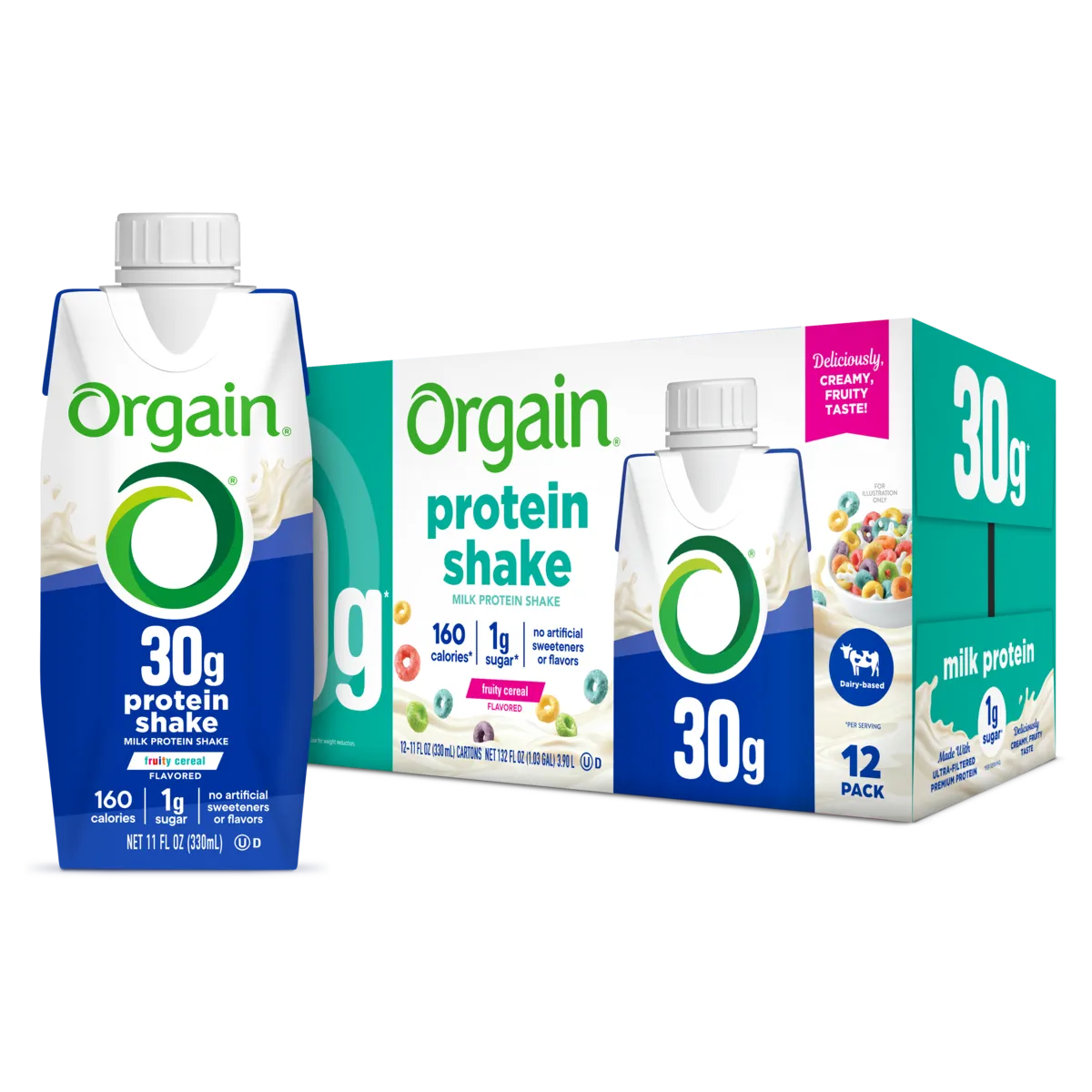 Front of Orgain 30g protein shake fruity cereal 12 pack and tetra