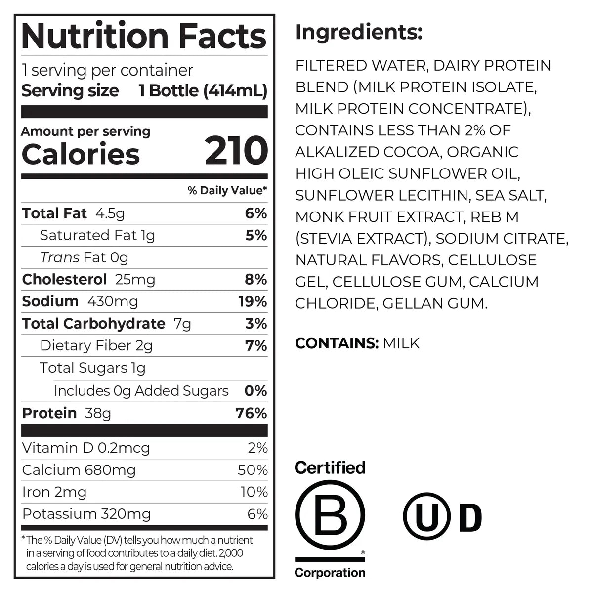 Nutrition Fact Panel for the Orgain 38g Protein Shake in Chocolate Fudge flavor 